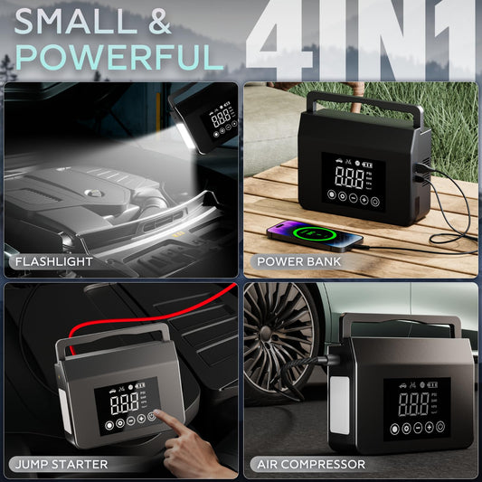 Hieha 4000A Portable Jump Starter with Air Compressor, 12V Car Battery Power (All Gas 8L Diesel) with 150PSI Tire Inflator 15000mAh PowerBank & Quick Charge, Flashlight, Emergency kit for Car, Truck