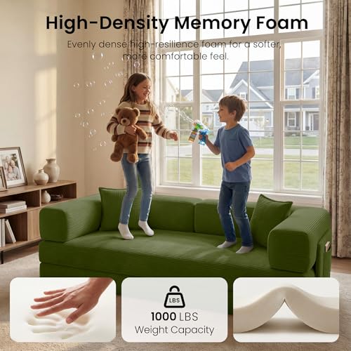 78.8" Convertible Sofa Bed,Corduroy Futon Couch with Storage Pocket,Folding Pull Out Futon Sofa,No Assembly Boneless Couch for Living Room,Green