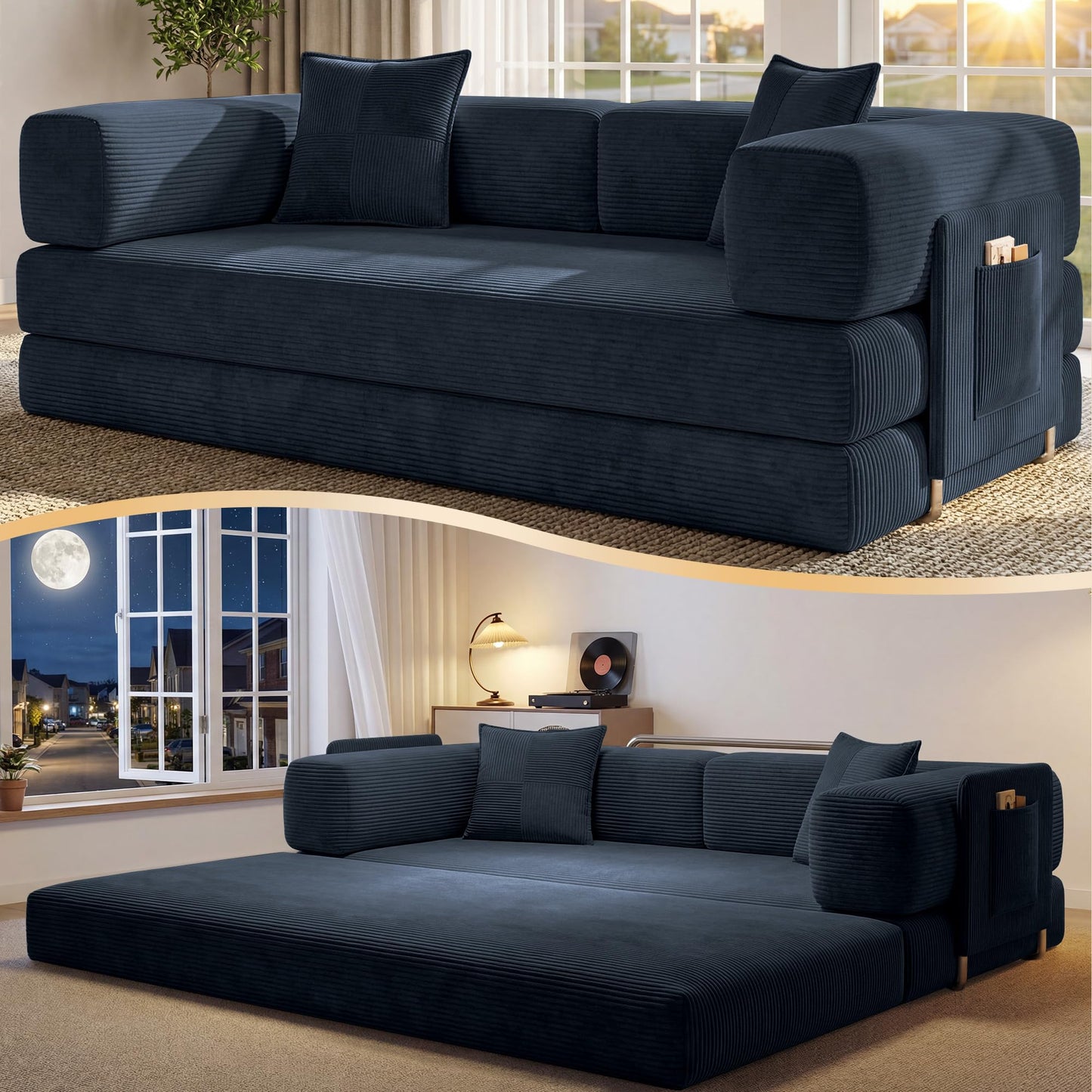 78.8" Convertible Sofa Bed,Corduroy Futon Couch with Storage Pocket,Folding Pull Out Futon Sofa,No Assembly Boneless Couch for Living Room,Green