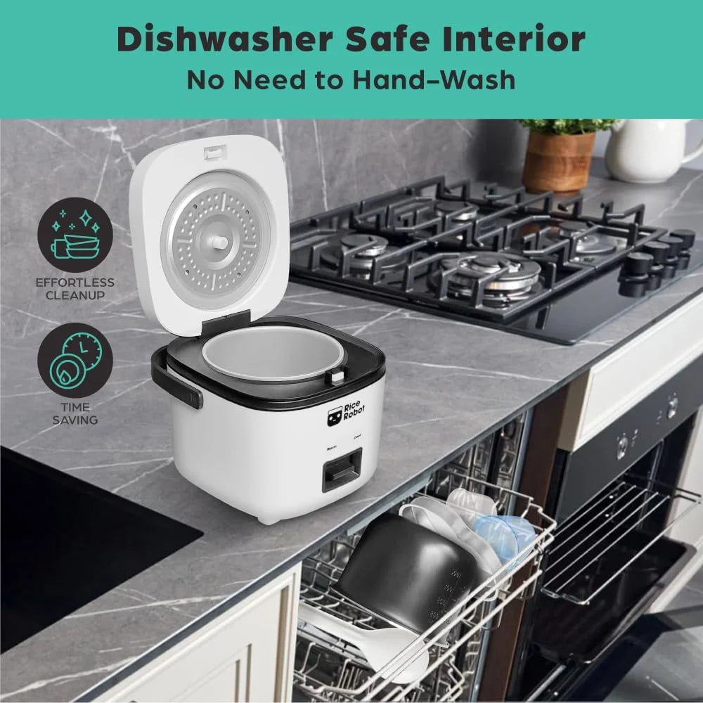 🍽️ Rice Robot Personal Rice Cooker, PFAS-free, Nonstick. 1 Quart Capacity (4 Cups), with Stainless Steel Steamer Tray, Measuring Cups, Recipe Book with 60 Recipes, and Serving Spoon, As Seen On TV