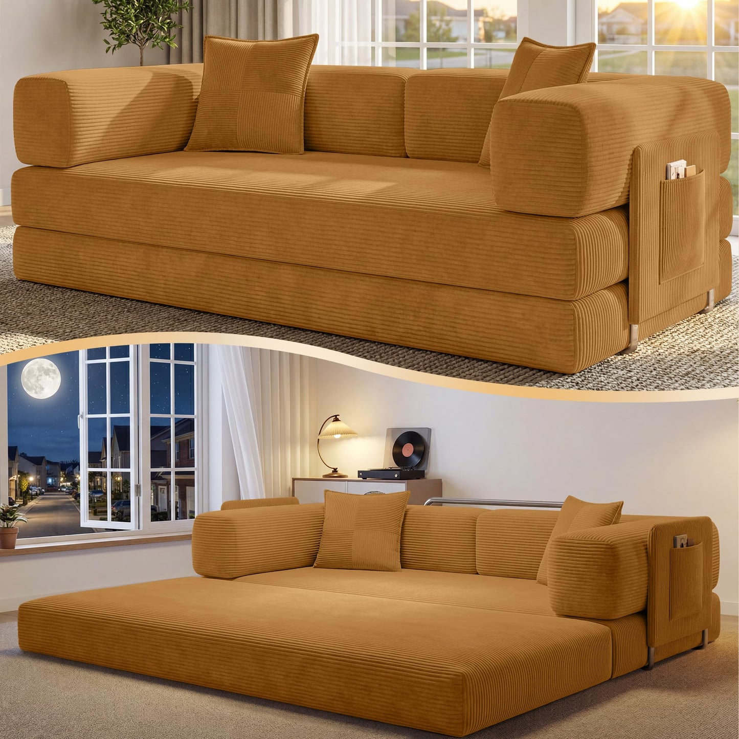 78.8" Convertible Sofa Bed,Corduroy Futon Couch with Storage Pocket,Folding Pull Out Futon Sofa,No Assembly Boneless Couch for Living Room,Green