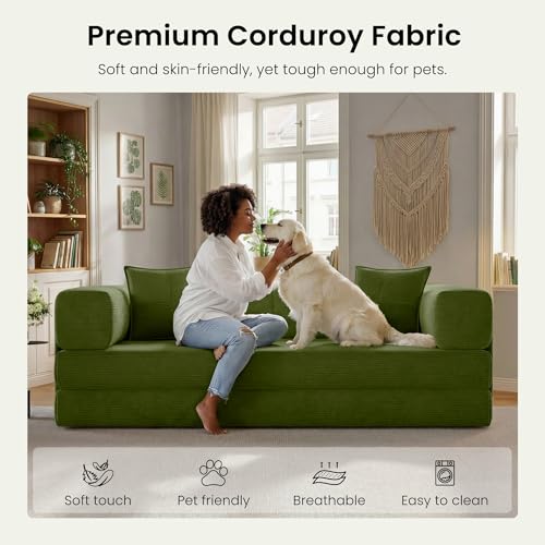 78.8" Convertible Sofa Bed,Corduroy Futon Couch with Storage Pocket,Folding Pull Out Futon Sofa,No Assembly Boneless Couch for Living Room,Green