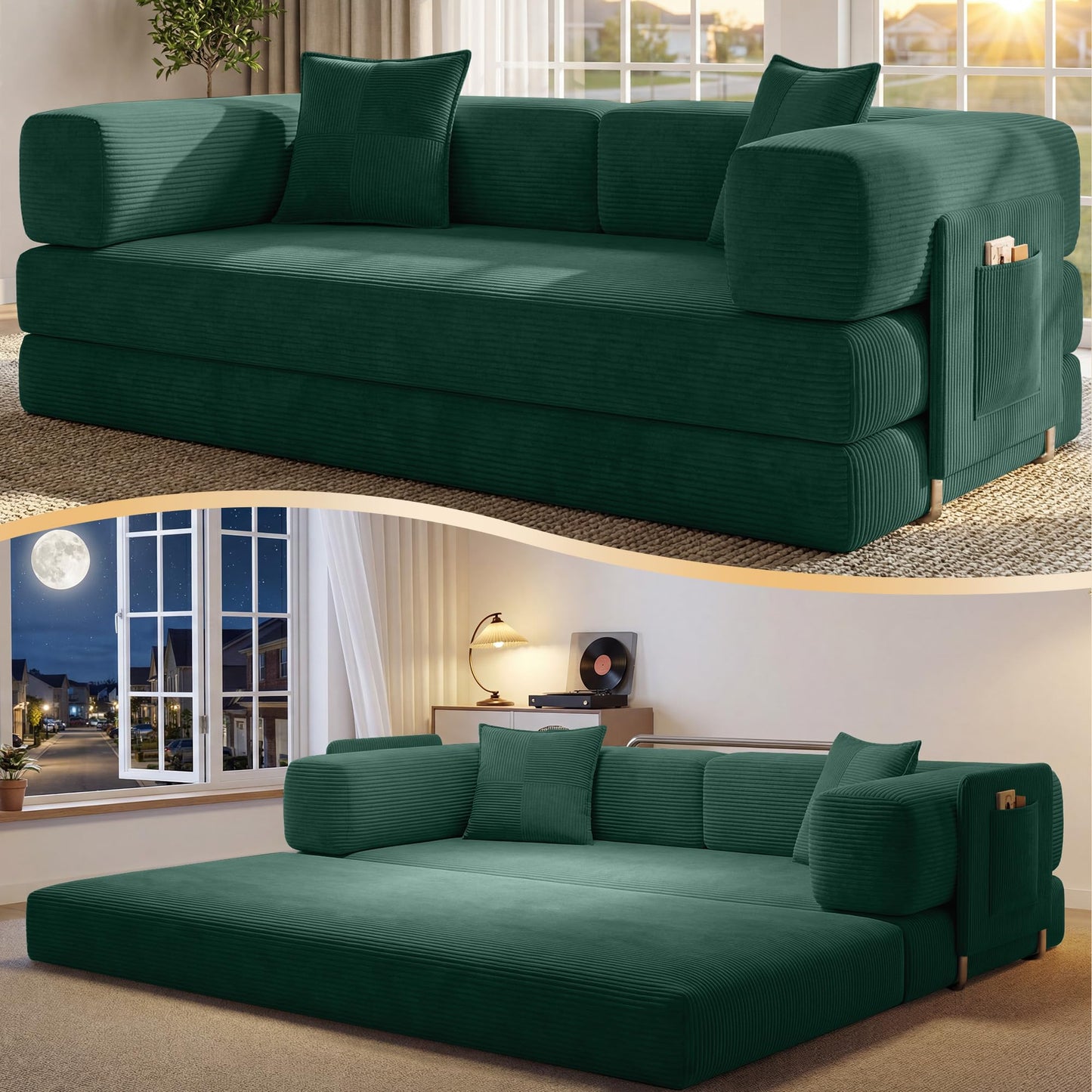 78.8" Convertible Sofa Bed,Corduroy Futon Couch with Storage Pocket,Folding Pull Out Futon Sofa,No Assembly Boneless Couch for Living Room,Green